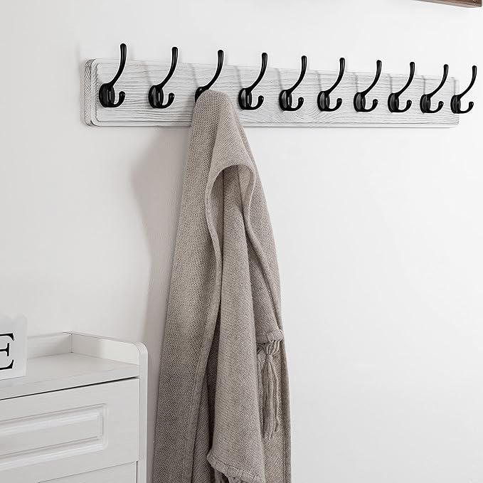 SKOLOO Rustic Wall Mounted Coat Rack, Case of 2, Pine Solid Wood Coat Hook Hanger - 10 Hooks for Hanging Clothes Robes Towels Coats