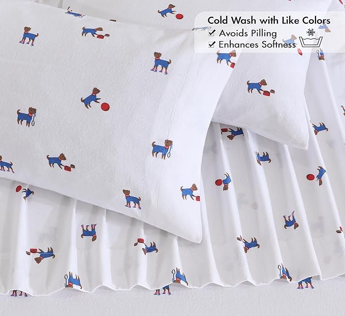 RUVANTI Flannel Sheets King Size - 100% Cotton Brushed King Bed Sheets Set - Deep Pockets 16 Inches - All Seasons Breathable & Extra Soft - Warm & Cozy, 4 Piece, Puppy Playoff