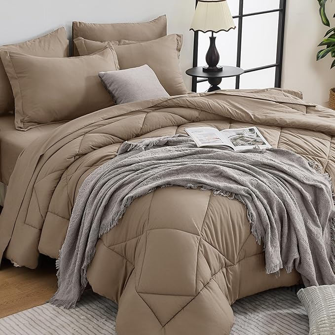HEVUMYI Khaki Queen Comforter Set - 7-Piece All Season Bed in a Bag Queen, Ultra Soft Bedding Set with Comforter, Flat Sheet, Fitted Sheet, Pillowcases, Pillow Shams