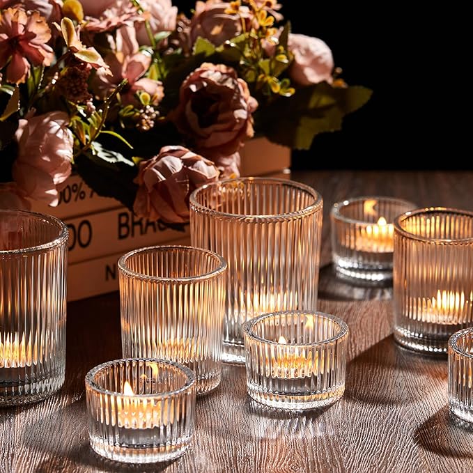 Mumufy 24 Pcs Assorted Votive Candle Holders Ribbed Glass Tealight Candle Holder Bulk for Table Centerpiece, Baby Shower, Home and Wedding Party Decoration (Clear)