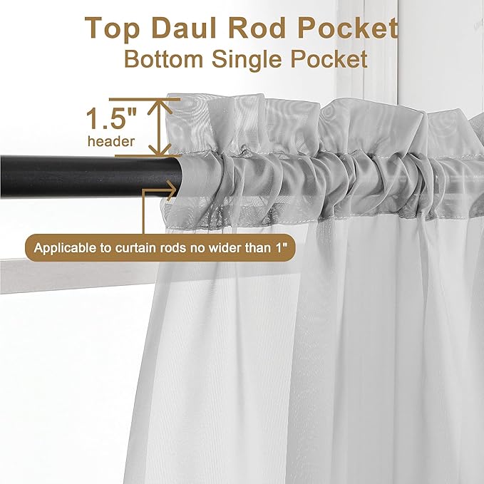Chyhomenyc Light Grey Sheer Curtains 63 Inch Length 2 Panels, Light Filtering Airy Rod Pocket Window Curtain Treatment Drapes for Bedroom Living, Each 42Wx63L Inches