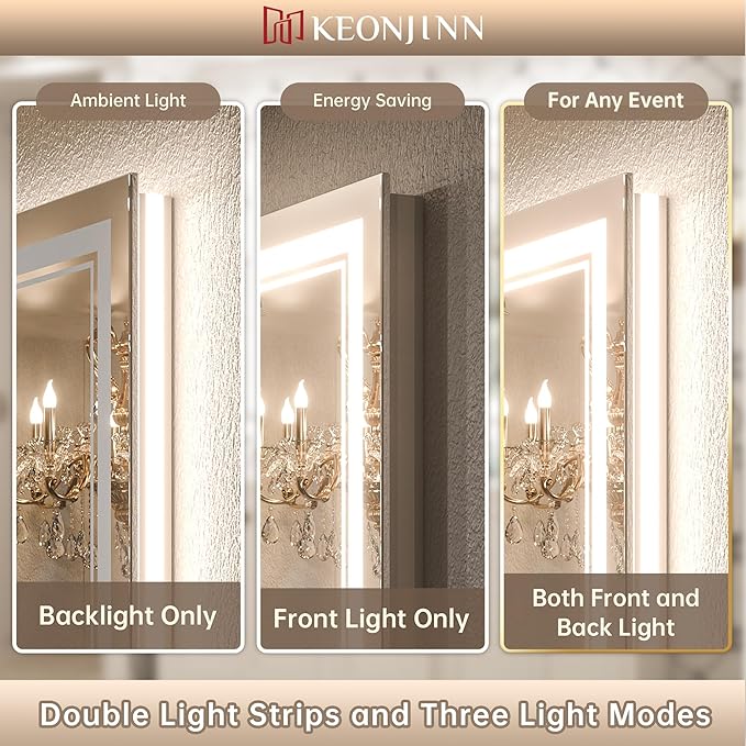 Keonjinn LED Bathroom Mirror 84" x 32" with Frontlit and Back Light, Large Tempered Glass Stepless 3 Colors Temperature & Dimmable Wall Mirror, UL Listed LED Driver, Double LED Strips, Anti-Fog Mirror