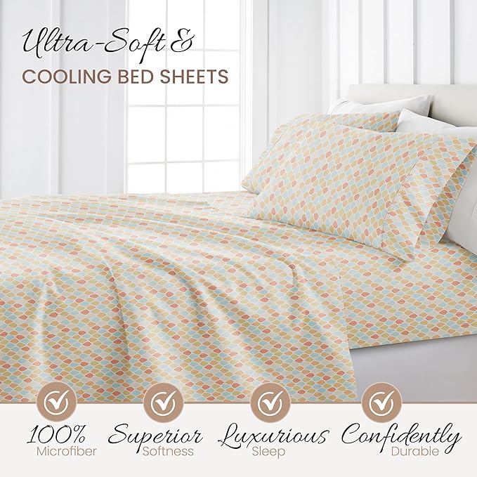 Linen Market 4 Piece King Sheet Set - Breathable, Double-Brushed Patterned Cooling Sheets – Oeko-TEX Certified Ultra Soft & Wrinkle-Free 16" Deep-Pocket King Sheets - Easy Care Fall Foliage Yellow