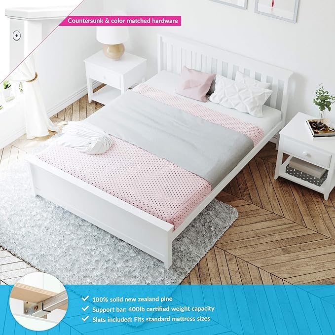 Max & Lily Queen Bed Frame with Slatted Headboard, Solid Wood Platform Bed for Kids, No Box Spring Needed, Easy Assembly, White