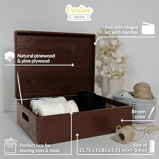 XL Brown Wooden Box Storage with Hinged Lid | 15.8 x 11.8 x 5.5 inches (+-0.5) | with Handles | Gift Box Kitchen Storage Document | Product NOT Intended for 15 Years OR Below