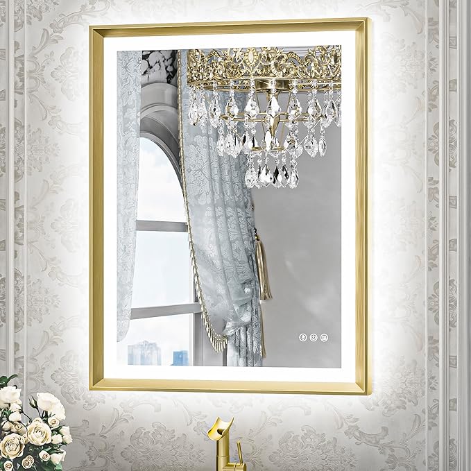 TETOTE Gold LED Mirror for Bathroom 24x32 Metal Frame Frontlit & Backlit Lighted Vanity Mirror Baroque Anti Fog Stepless Dimmable White/Warm/Natural,CRI90+,Wall Mounted(Horizontal/Vertical)