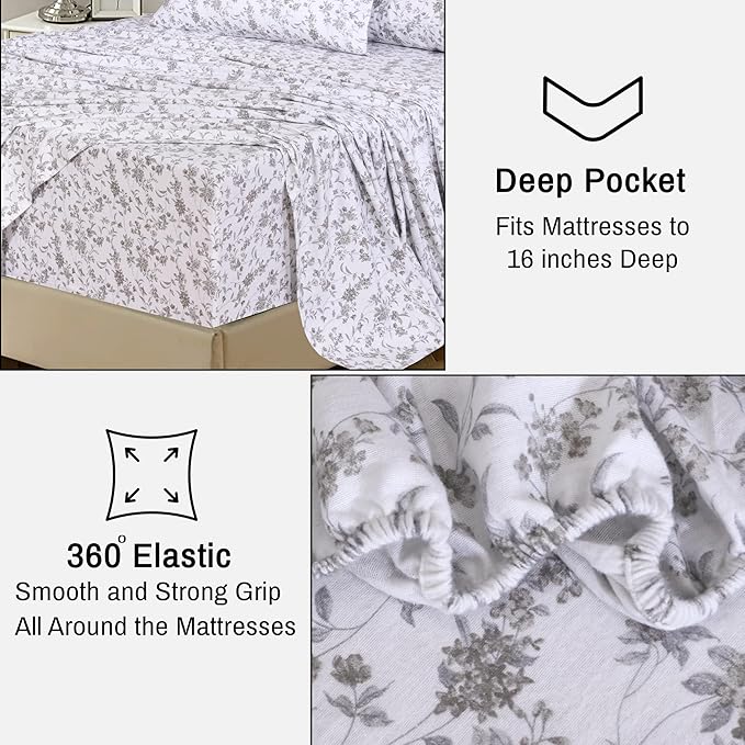 RUVANTI Flannel Sheets King Size - 100% Cotton Brushed King Size Sheets Set - Deep Pockets 16 Inches Bed Sheets - All Seasons Breathable & Extra Soft - Warm & Cozy, 4 Piece, Vintage Flora