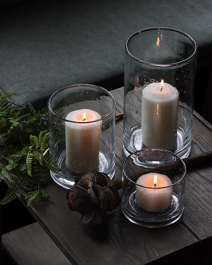 ARIAMOTION Hurricane Candle Holders for Pillar Hand Blown Glass Cylinder Vases Table Centerpiece Bulk Room Decor Clear Seeded Bubbles Living Dining Kitchen Island 10" 7" 4" Set of 3