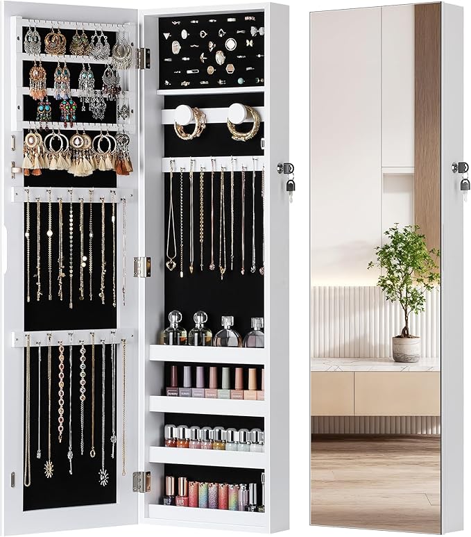 Nicetree Jewelry Armoire with Mirror, Wall/Door Mounted Jewelry Cabinet, Lockable Jewelry Organizer with Full-Length Mirror, Frameless Mirror with Storage, Black Lining