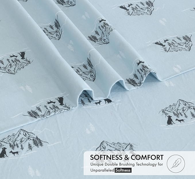 RUVANTI Flannel Sheets Queen Size - 100% Cotton Double Brushed Bed Sheets, Deep Pockets 16 Inches Queen Sheet Set, All Seasons Breathable & Extra Soft - Warm & Cozy, 4 Piece, Soul Dog