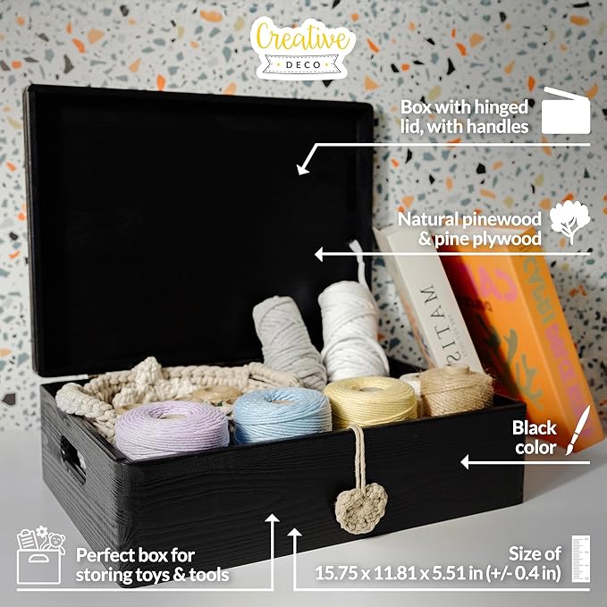 XL Black Wooden Box Storage with Hinged Lid | 15.8 x 11.8 x 5.5 inches (+-0.5) | with Handles | Gift Box Kitchen Storage Document | Product NOT Intended for 15 Years OR Below