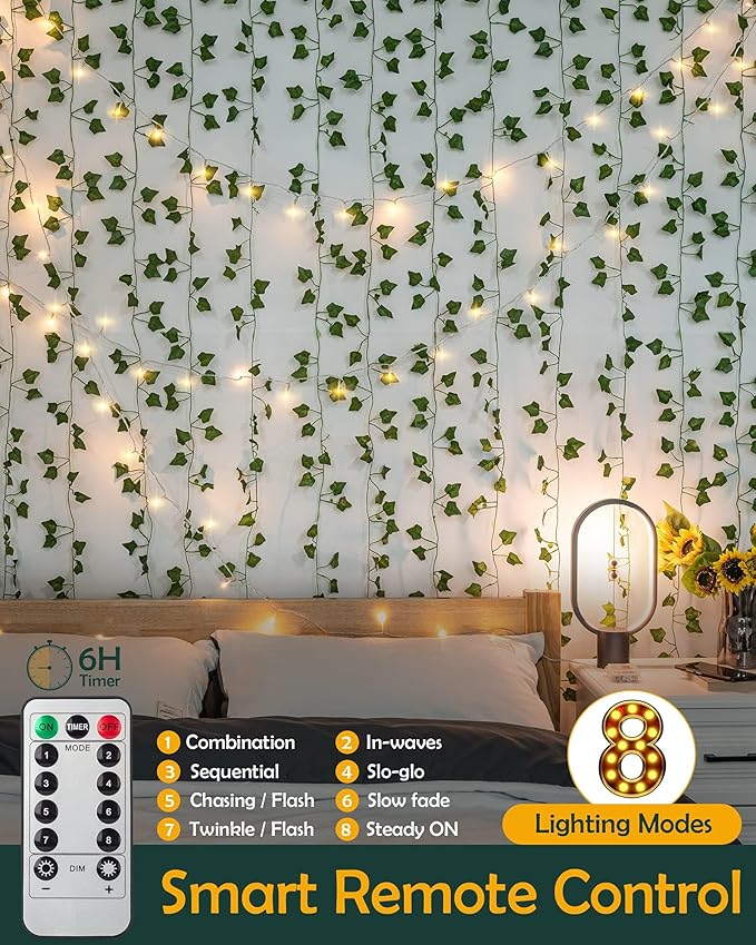 JACKYLED 24 Pack Artificial Ivy Vines with 200 LED String Light, Fake Plants Hanging Garland for Wall Room Bedroom Garden Office Wedding Party