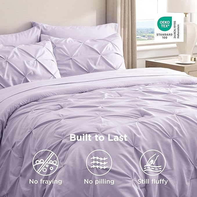 Bedsure King Size Comforter Set Light Purple - Bed in a Bag Bedding Set 7 Pieces, GentleSoft™ Pintuck Bed Set Gift for Family, Pinch Pleat Light Purple Comforter with Sheets, Pillowcases & Shams