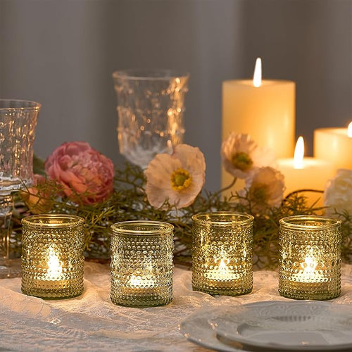 24 Pack Clear Glass Votive Candle Holders, Vintage Candle Holder for Floating Candle, Tealight Candle Holder for Table Centerpieces Home Bridal Shower Birthday Christmas Table Decoration (Green)