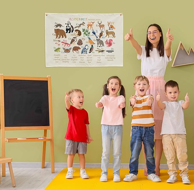 Alphabet poster for Nursery Toddlers, Play Room Wall Decor, ABC Wall Chart, Wall Hanging Decor for Toddler Playroom Decor Kids Wall Decor, Woodland Alphabet-Rectangle Banner Flag Wall Sign Decor Gift