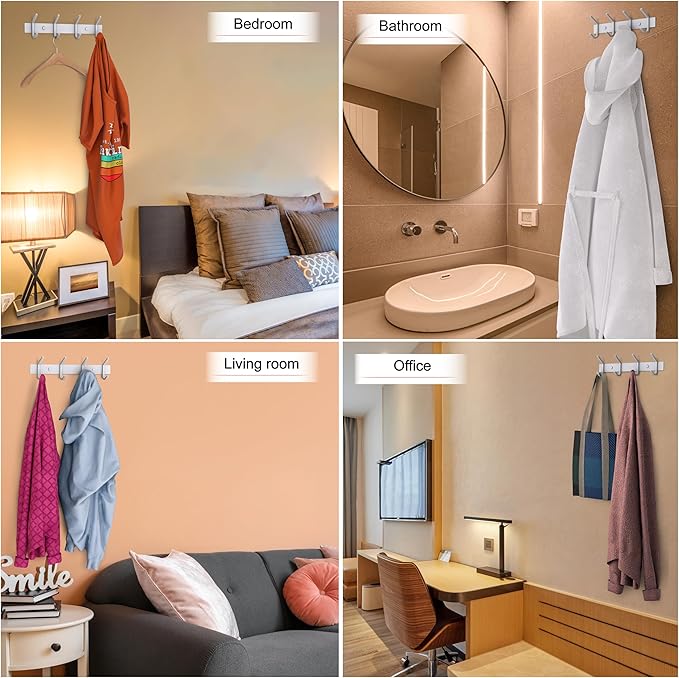 White Coat Rack Wall Mount – 12 Inch Stainless Steel Hook Rail with 4 Heavy Duty Double Coat Hooks – Wall Mounted Coat Hanger for Entryway, Bathroom, Bedroom, Towel, Hat Organizer - 2 Pack