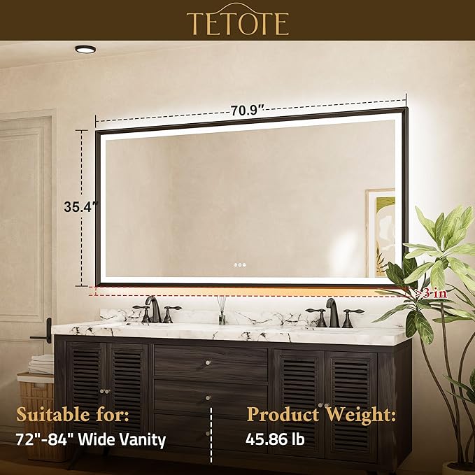 TETOTE 72x36 LED Mirror for Bathroom Black Metal Frame Frontlit & Backlit Lighted Vanity Mirror Baroque Gothic Anti Fog Stepless Dimmable White/Warm/Natural,CRI90+,Wall Mounted(Horizontal/Vertical)