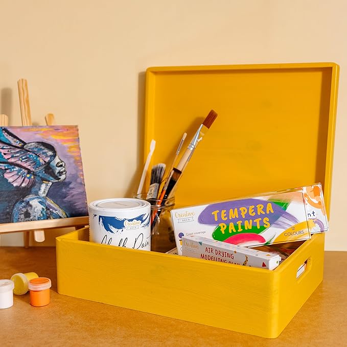 XL Yellow Wooden Box Storage with Hinged Lid | 15.8 x 11.8 x 5.5 inches (+-0.5) | with Handles | Gift Box for Tool Dog Toy Shoes Clothes Kitchen Storage Document | Wood Keepsake Chest