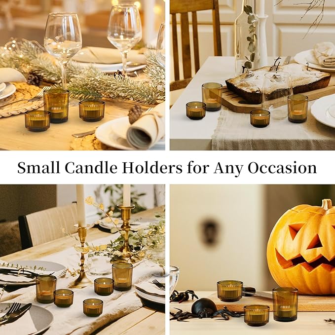 Glasseam Amber Tealight Candle Holders: 24pcs Ribbed Small Votive Holders Bulk for Thanksgiving Table Centerpiece Fall Wedding Christmas Decor