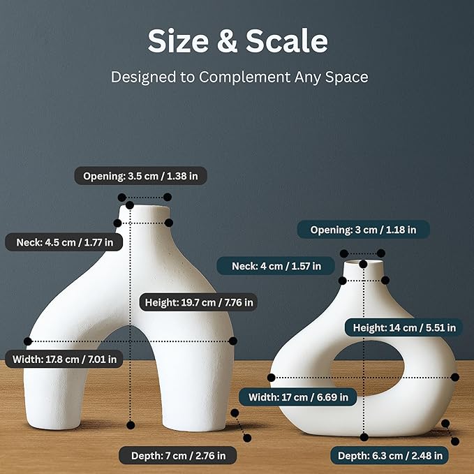 Nordic Ceramic Vase Set – 2 White Sculptural Vases for Fresh Flowers or Dried Stems – Minimalist Home Décor for Shelf, Table, Wedding or Gift – Holds Water
