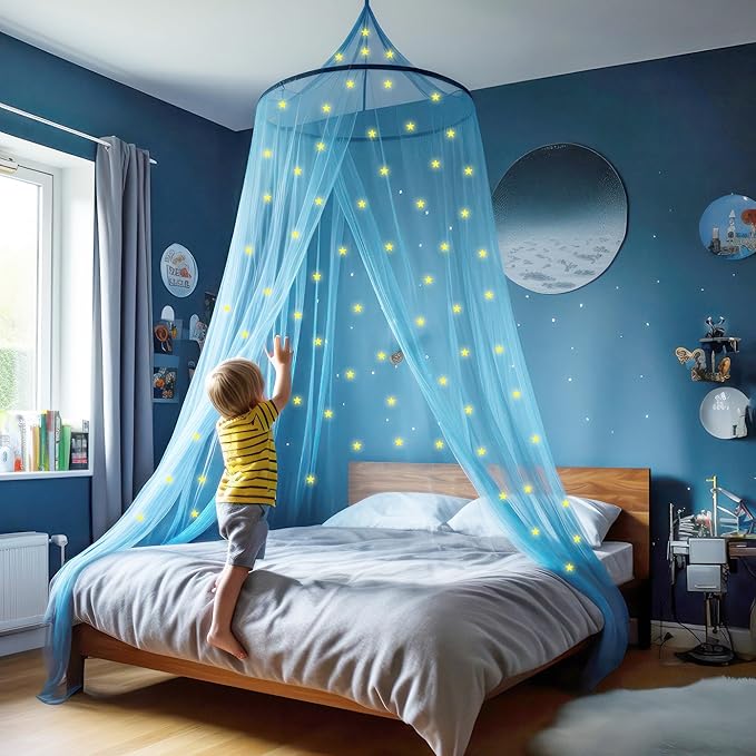 Blue Canopy for Girls Bed with Pre-Glued Glow in The Dark Stars - Princess Mosquito Net Room Decor - Kids & Baby Bedroom Tent with Galaxy Lights - 1 Opening Canopy Bed & Hanging Kit Included