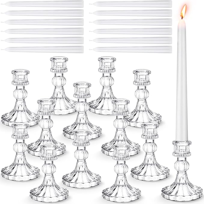 Suclain 24 Pcs Glass Taper Candle Holder Sets 12 Candlestick Holder with 12 White Long Candles for Wedding Party Decor Dinner Decoration(Clear)