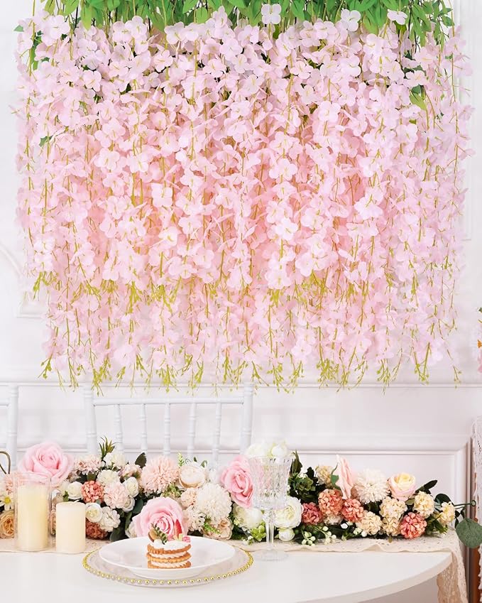 60 Pack Light Pink Wisteria Hanging Flowers, Fake Flowers for Decoration, Artificial Hanging Flowers,Vines for Bedroom,Flower Garland for Home,Party,Garden, Wall,Wedding Decoration(3.6 Ft/Pcs)