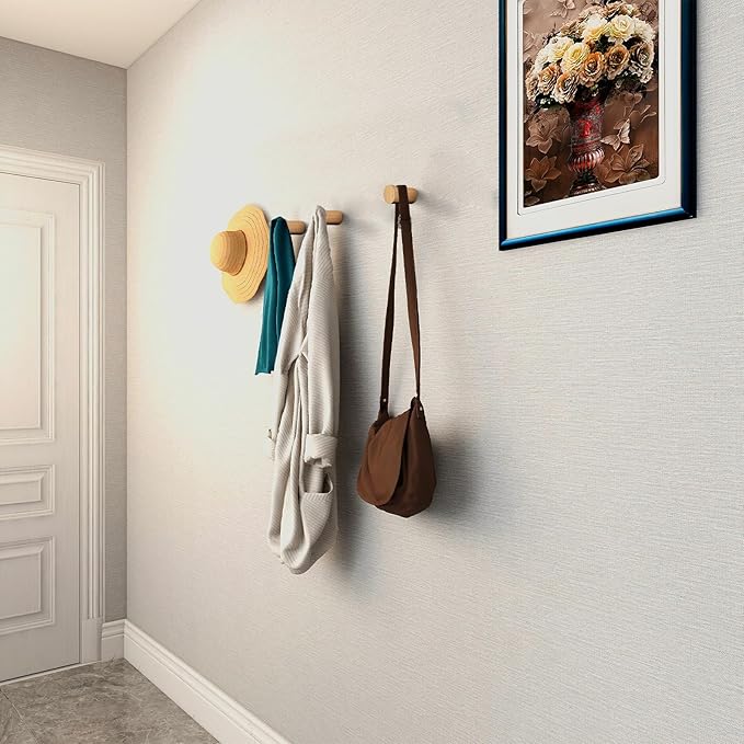Wood Wall Hooks, 4 Pack Natural Wooden Coat Hooks Wall Mounted, Rustic Hat Hooks, Heavy Duty Entryway Wall Hangers for Hanging Purse, Towels, Clothes, Backpack