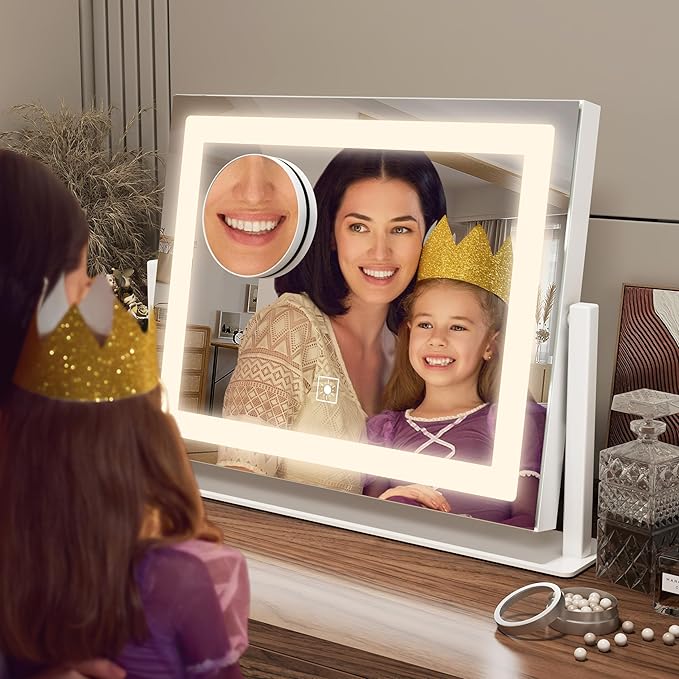 FENNIO Vanity Mirror with Lights, 12" x 16" Lighted Makeup Mirror with Smart Touch Control, 3 Color Modes & Brightness Adjustable, LED Makeup Mirror with 10X Magnification, 360° Rotation for Bedroom