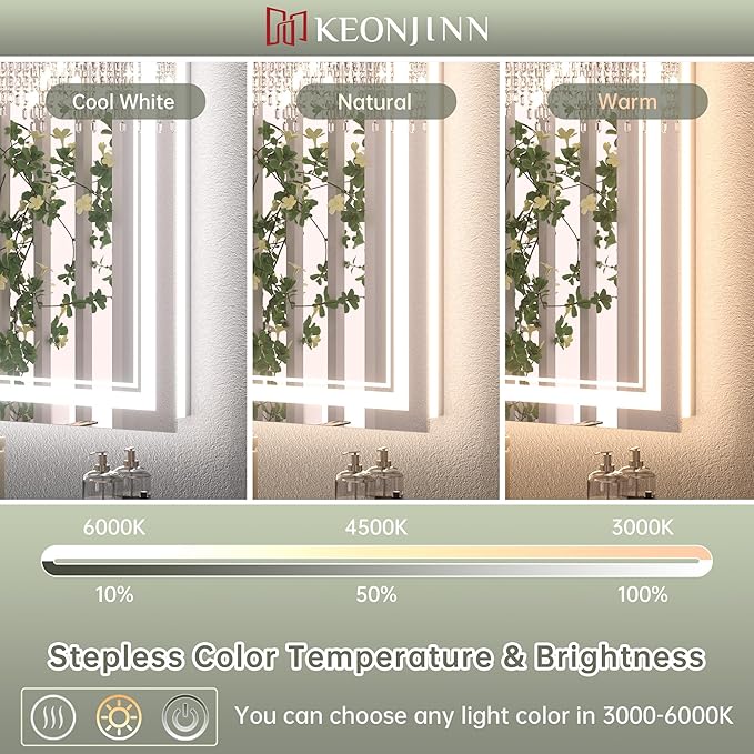 Keonjinn LED Bathroom Mirror 72" x 36" with Backlit and Frontlit, Tempered Glass Stepless 3 Colors Temperature & Dimmable Large Vanity Mirror, UL Listed LED Driver, Double Lights Anti-Fog Wall Mirror