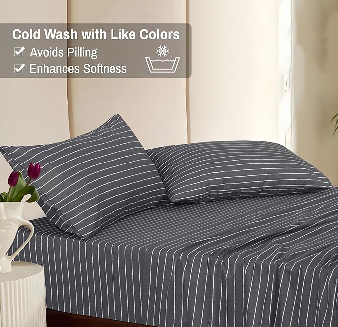 RUVANTI Flannel Sheets Queen Size - 100% Cotton Double Brushed Bed Sheets, Deep Pockets 16 Inches Queen Sheet Set, All Seasons Breathable & Extra Soft - Warm & Cozy, 4 Piece, Pinn Stripe