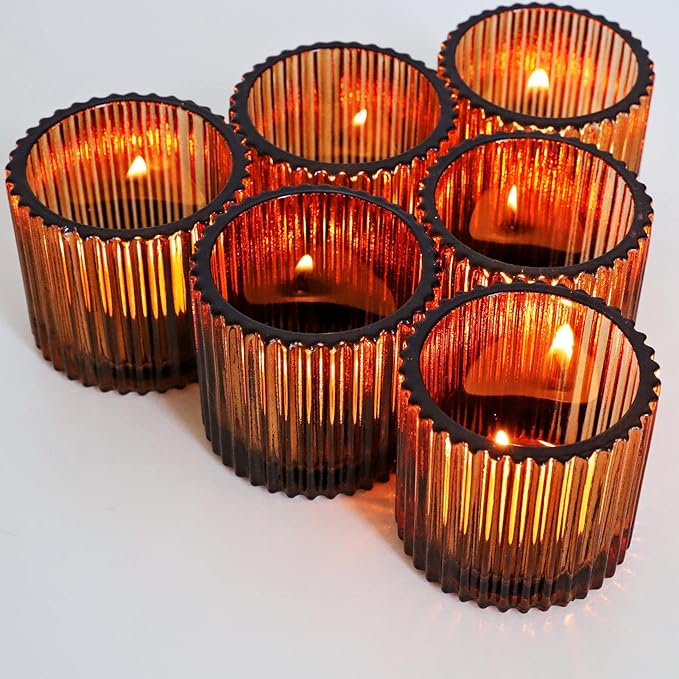 VOHO Amber Candle Holder Set of 12, Glass Votive Candle Holders Centerpiece Table Decorations, Large Candle Holders Bulk for Holiday/Party(2.75in x 2.56in, Amber)