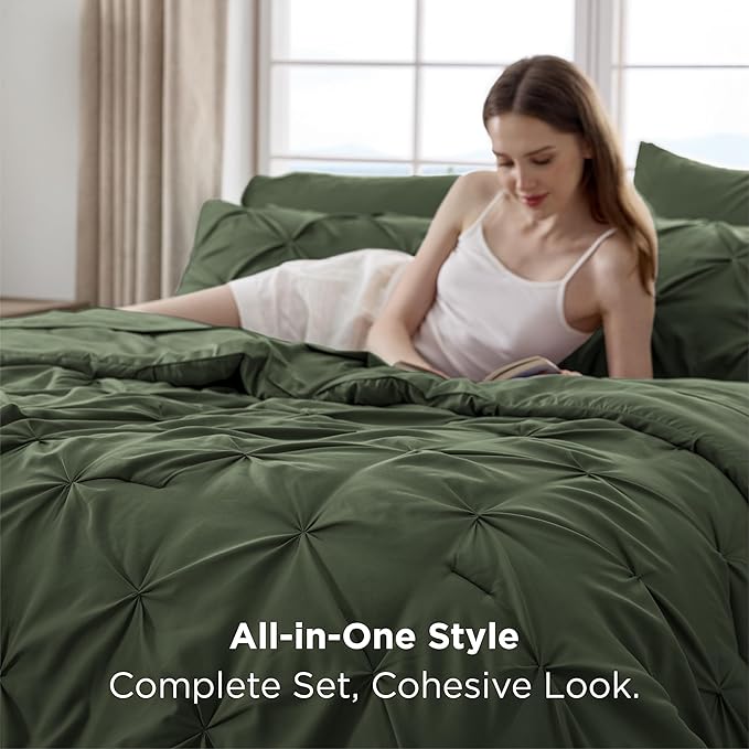 Bedsure King Size Comforter Set Olive Green - Bed in a Bag Bedding Set 7 Pieces, GentleSoft™ Pintuck Bed Set Gift for Family, Pinch Pleat Olive Green Comforter with Sheets, Pillowcases & Shams