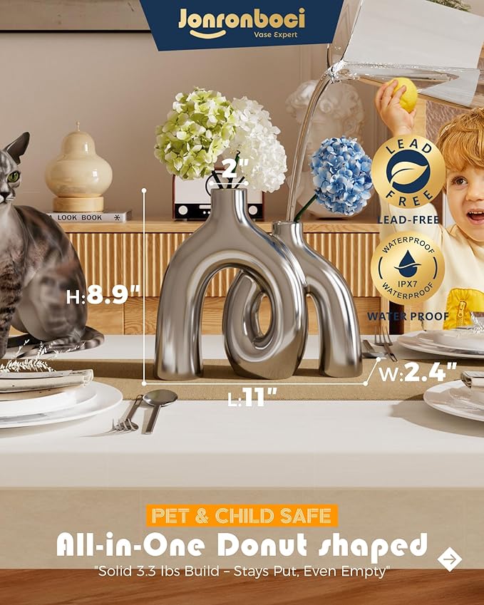 Hug Donut Decorative Vase Set - Silver Vase, Modern Nordic Boho Style Vases Home Decor, Matte Ceramic Decorations for Living Room Shelf, Bookshelf Mantle Entryway Table or Console Décor (Silver)