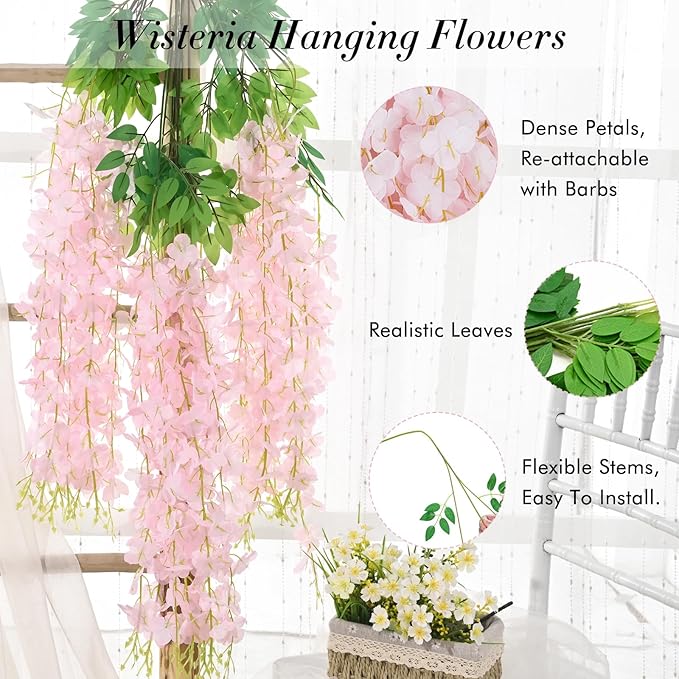 60 Pack Light Pink Wisteria Hanging Flowers, Fake Flowers for Decoration, Artificial Hanging Flowers,Vines for Bedroom,Flower Garland for Home,Party,Garden, Wall,Wedding Decoration(3.6 Ft/Pcs)