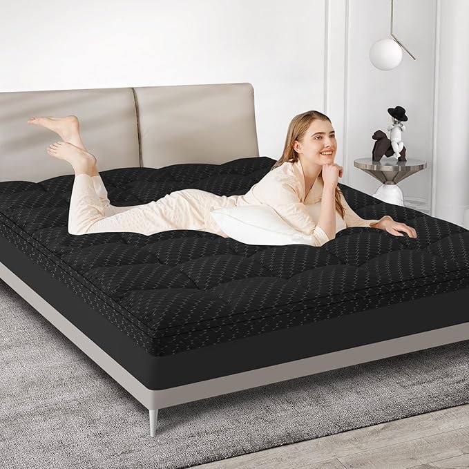 Dual Layer 3 Inch Memory Foam Mattress Topper Queen Size, 2 Inch Cooling Gel Memory Foam Plus 1 Inch Pillow Top Mattress Pad Cover, with 8-21 Inch Deep Pocket, Black