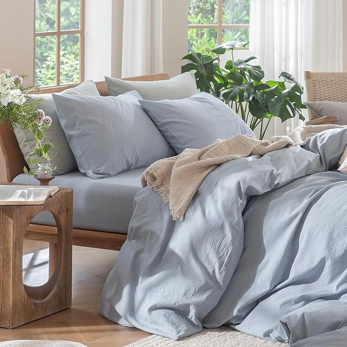 MooMee Bedding Duvet Cover Set 100% Washed Cotton Linen Like Textured Breathable Durable Soft Comfy (Heathered Cornflower Blue, Oversized King Plus 128"x120")