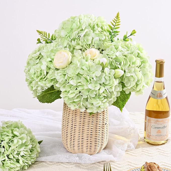 3 Pcs Real Touch Hydrangea Artificial Flowers, 21" Light Green Full Faux Hydrangea Flowers Latex Fake Flowers for Home Decor Party Floral Arrangements Wedding Bouquets Centerpieces Outdoor Decor