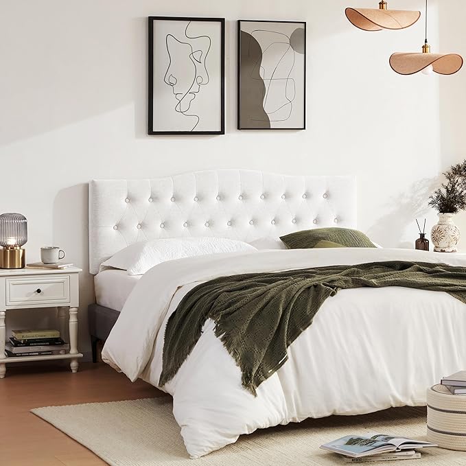 Tufted Upholstered Headboard King Size, Sturdy & Durable Solid Wood Bed headboard, Fabric Headboard Adjustable Height from 37” to 51”, Modern Button Diamond Design Head Board, White