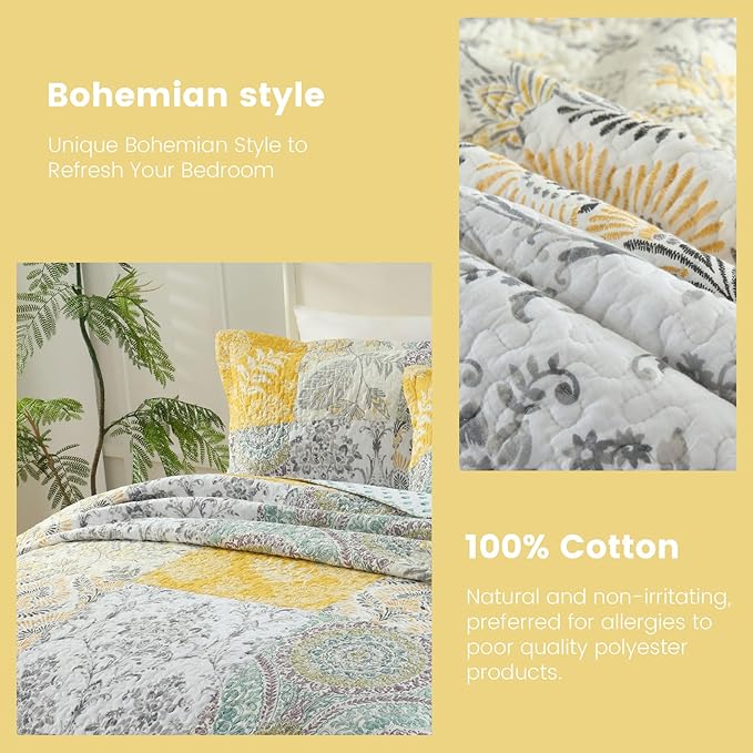 Secgo King Size Comforter Set- 100% Cotton Quilt King Size Set, Green, Sage bedspreads (96 * 108 Inch) with 2 Pillow Shams, Patchwork Reversible Lightweight Bedding