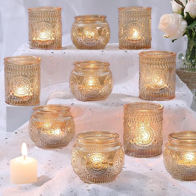 DARJEN 12Pcs Gold Votive Candle Holders - Glass Candle Holder for Table Centerpiece, Tea Lights Candle Holders for Home, Party & Wedding Shower Decoration