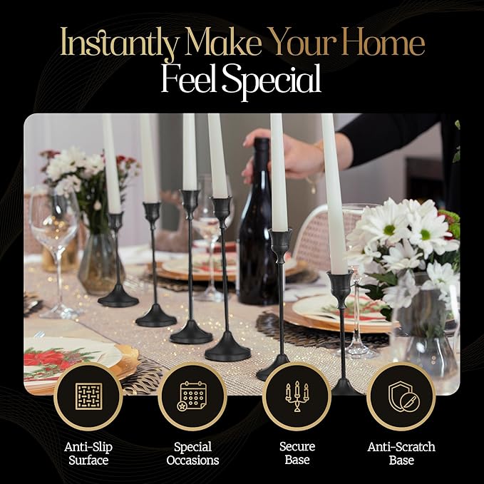 Black Candleholders for Taper Candlesticks Plus Candle Snuffer – Dining Table Décor Centrepiece - Metal Candelabra Candlestick Holder - Black Décor for Home Weddings Celebrations Events (Set of 6 Pcs)