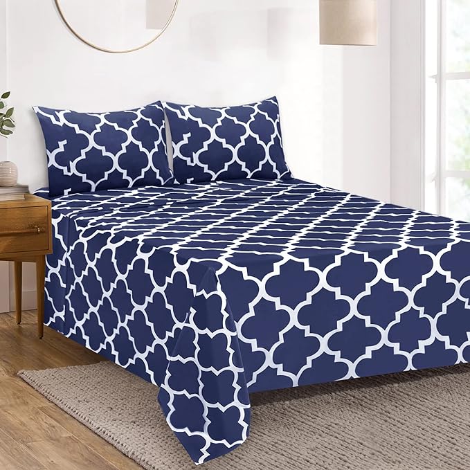 Mejoroom King Bed Sheet Set - Super Soft Brushed Microfiber 1800 Thread Count King Sheets with 15 inch Deep Pocket - Wrinkle Free - 4 Piece(King, Navy Quatrefoil with White Pattern)