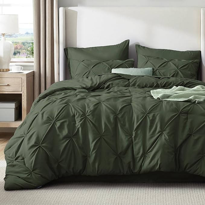 Bedsure Oversized King Comforter Set Olive Green - Bed in a Bag Bedding Set 7 Pieces, GentleSoft™ Pintuck Bed Set Gift for Family, Pinch Pleat Olive Green Comforter with Sheets, Pillowcases & Shams