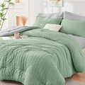 HYMOKEGE Sage Green/Light Grey Twin Comforter Set Seersucker 5 Pieces, All Season Luxury Bed in a Bag for Bedroom, Bedding Set with Comforter, Sheets, Pillowcase & Sham