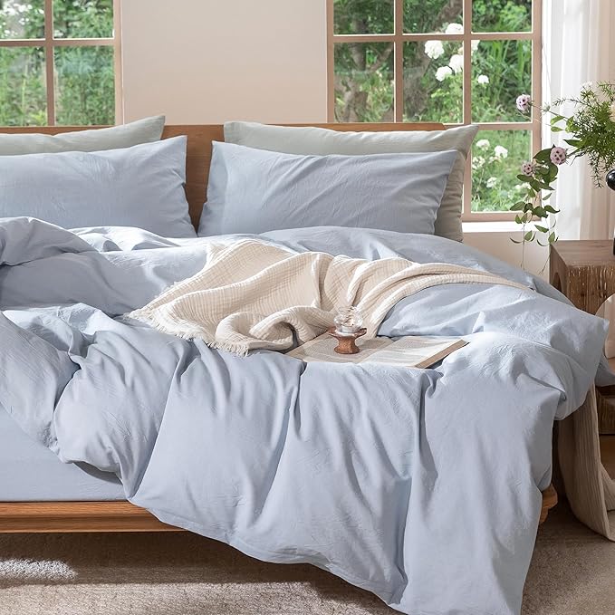 MooMee Bedding Duvet Cover Set 100% Washed Cotton Linen Like Textured Breathable Durable Soft Comfy (Heathered Cornflower Blue, Super King 108"x98")