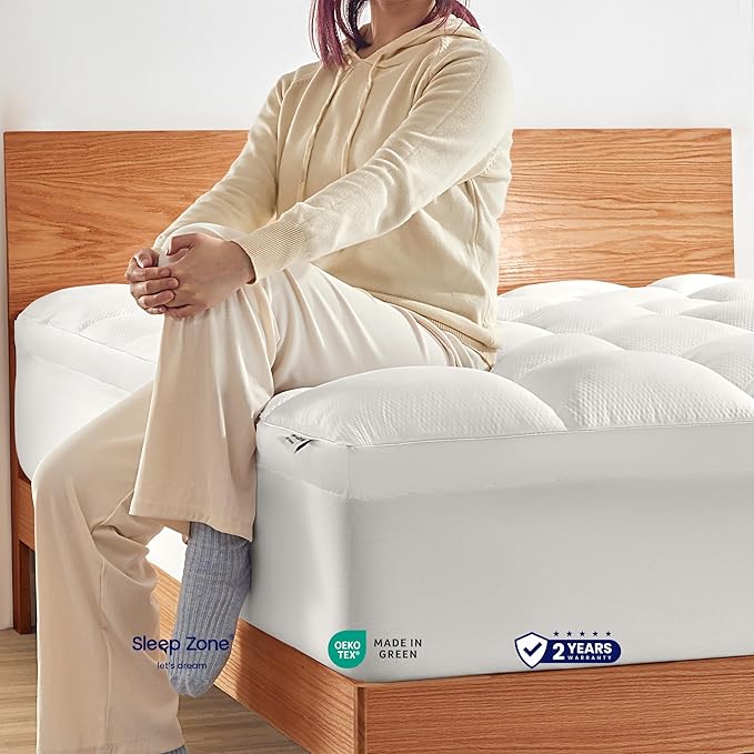 SLEEP ZONE Mattress Topper King Size, Extra Thick Fitted Mattress Pad for Back Pain, Plush and Support Mattress Cover, Deep Pockets Mattress Protector, Hotel Quality (White, King)