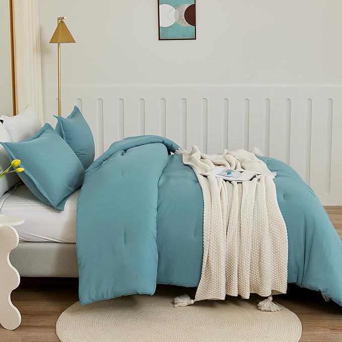 Litanika Grayish Teal Comforter King Size, 3 Pieces Lightweight Solid Bedding Set, All Season Fluffy Bed Set (104x90In Comforter & 2 Pillowcases)
