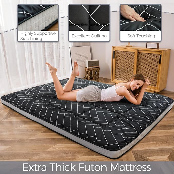 MAXYOYO Black Geometric Pattern Futon Mattress, Japanese Floor Mattress Quilted Bed Mattress Topper, Extra Thick Folding Sleeping Pad Breathable Floor Lounger Guest Bed for Camping Couch, Queen