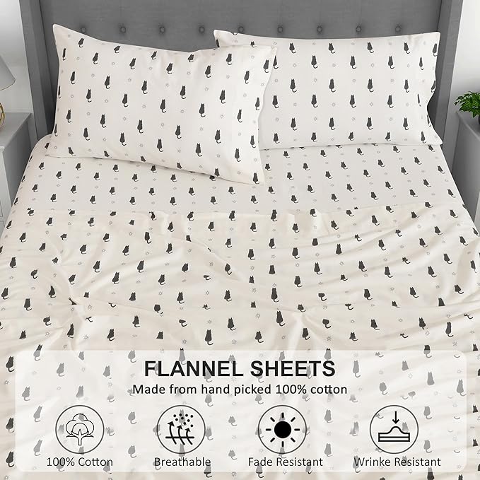 RUVANTI Flannel Sheets Split King Size - 100% Cotton Brushed Split King Bed Sheets Set, Deep Pockets 16 Inches, All Seasons Breathable & Extra Soft, Warm & Cozy, 5 Piece, Black Cat